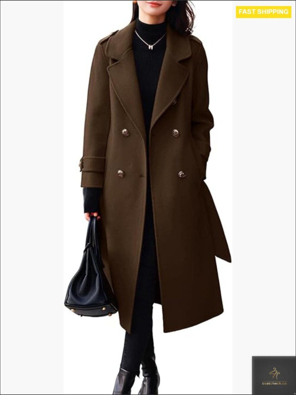 Wool Pea Coat Double Breasted Belted Midi Long Trench Elegant Classic Winter